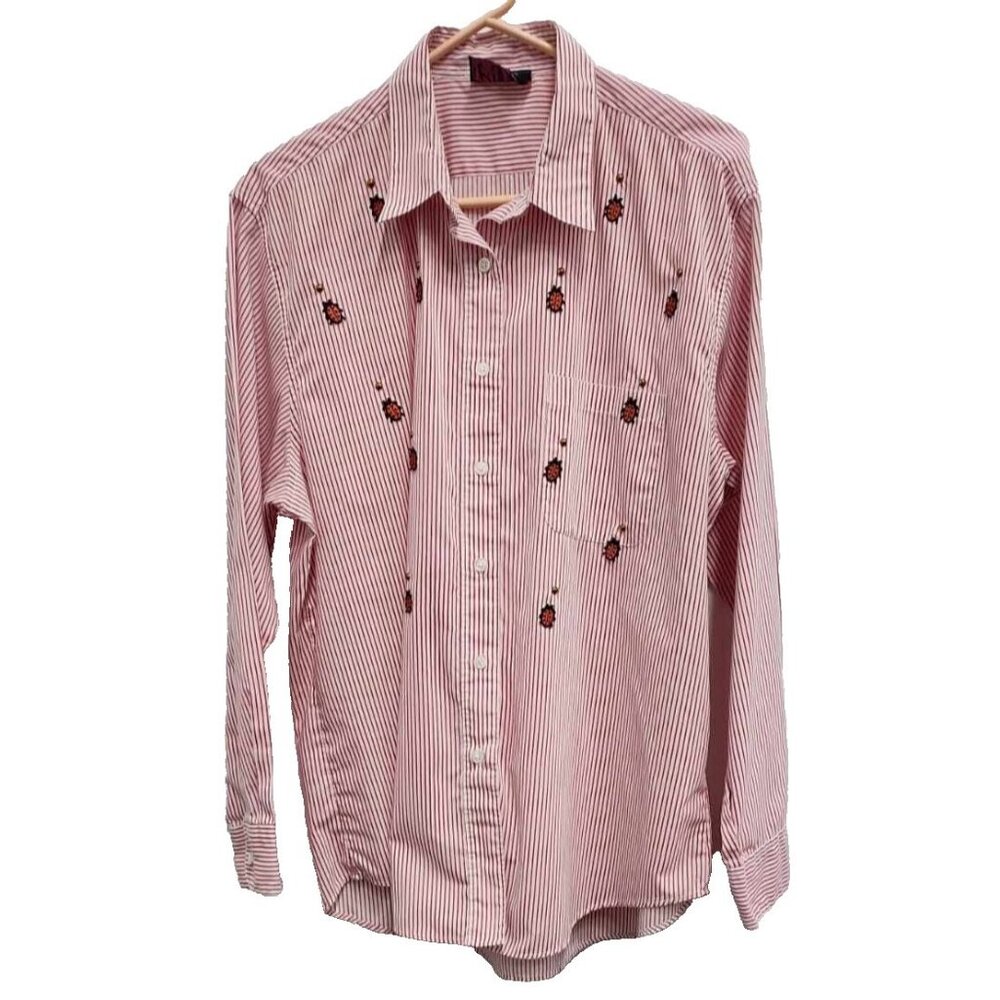 Vintage P.G.B. Womens Ladybug Shirt XL Red Striped Long Sleeve Embroidered Artsy